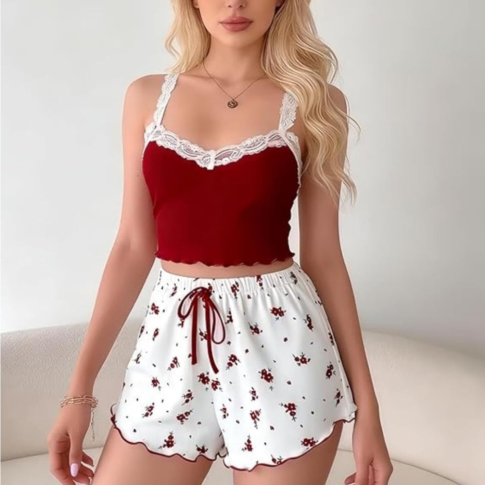 Lace-Trim Burgundy Crop Top & Floral White Shorts Set
